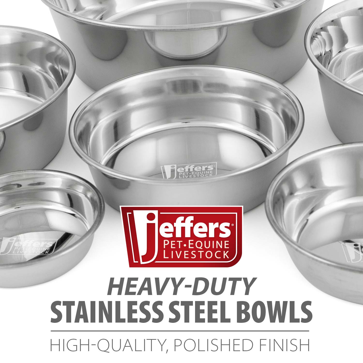 Multiple stainless steel pet bowls showing several polished interiors and rims.