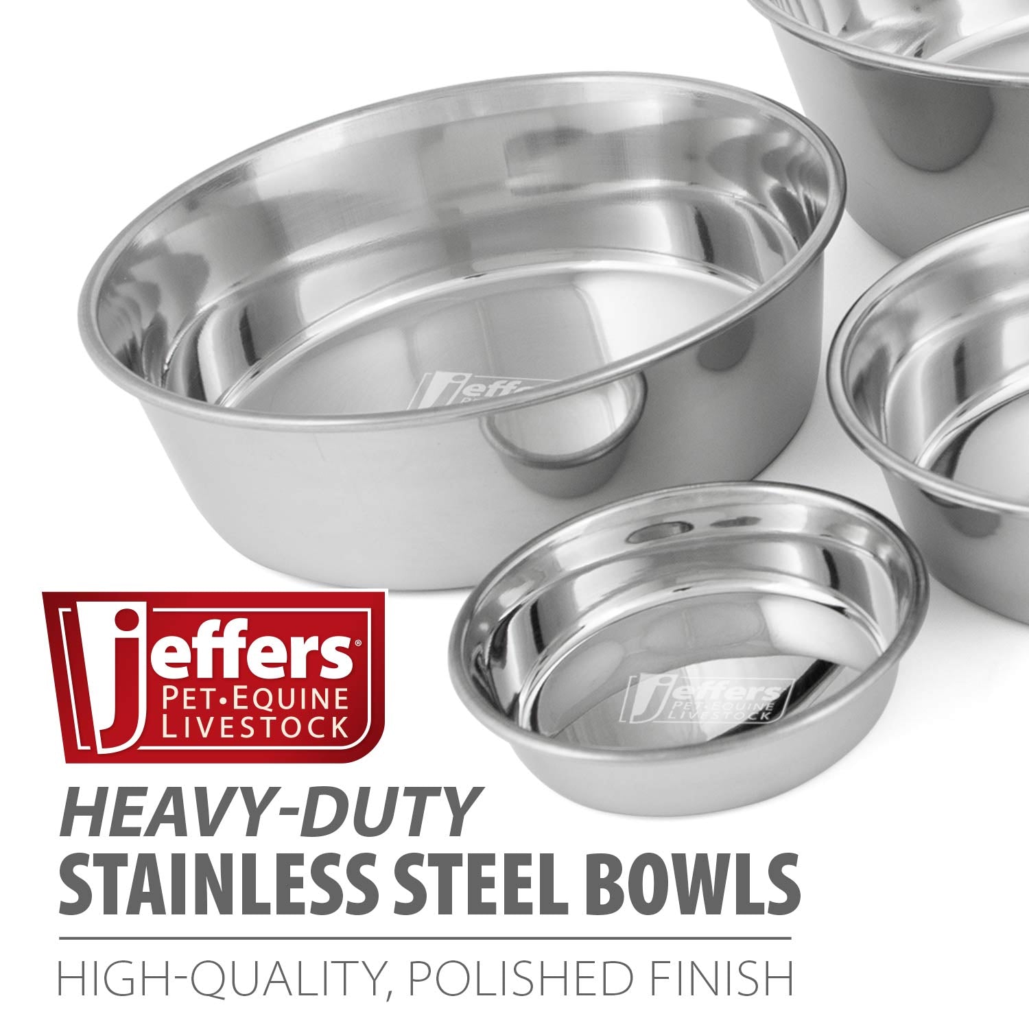 Set of stainless steel pet bowls stacked together, with polished interiors and rims.