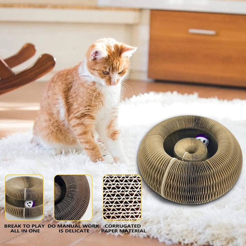 Camel curled corrugated cat scratch toy with inset ball tunnel
