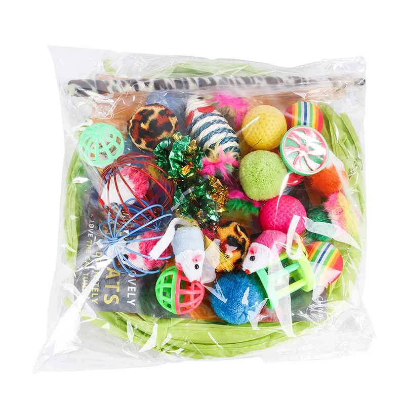 Packaged cat toy variety with colorful plush mice, balls, and feather wand pieces
