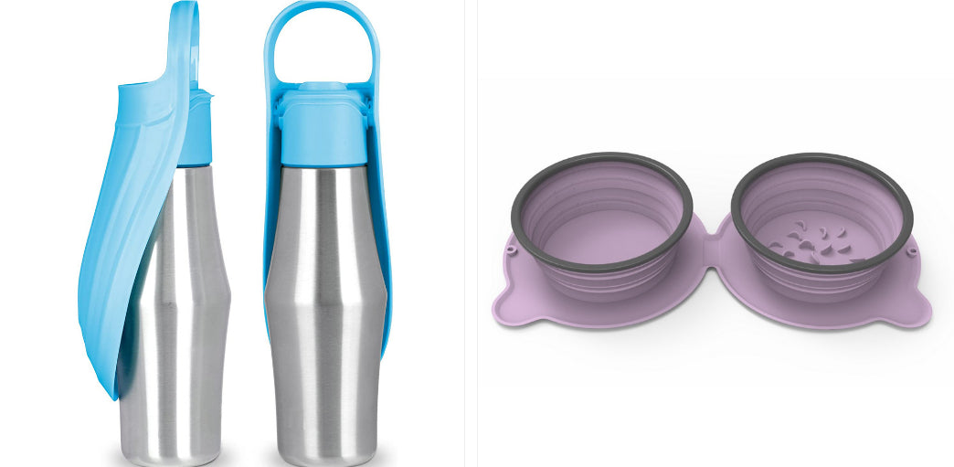 Portable pet dog water bottle with purple silicone leaf bowls and carry handle