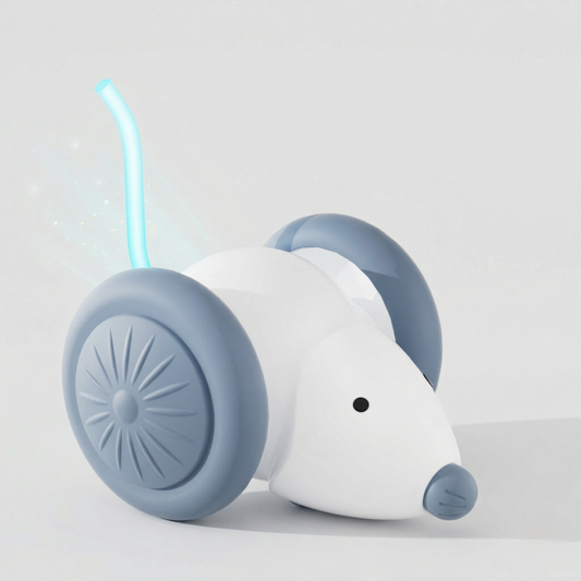 White cat LED mouse toy with blue wheels and glowing light wand