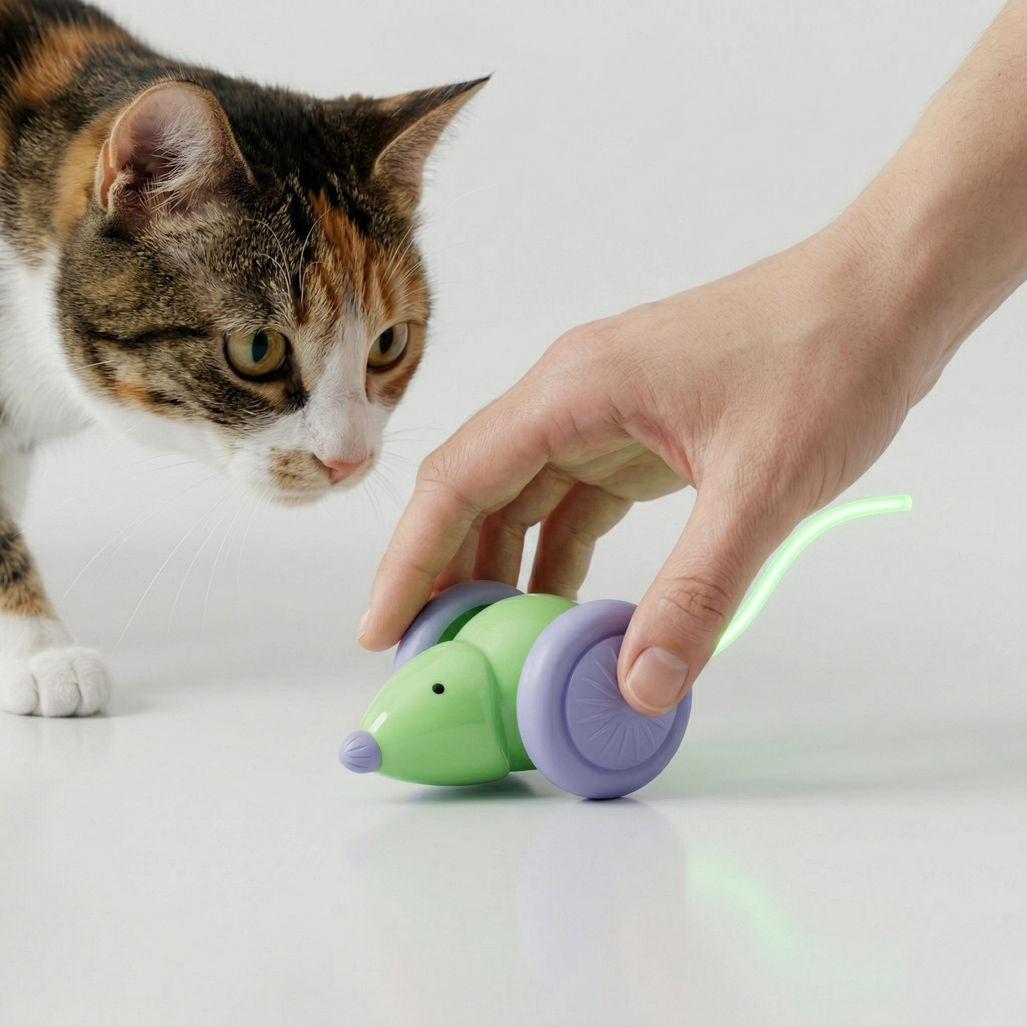 Green cat LED mouse toy with purple wheels and glowing light wand