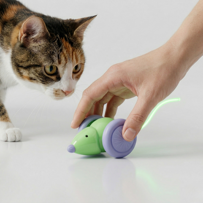 Green cat LED mouse toy with purple wheels and glowing light wand