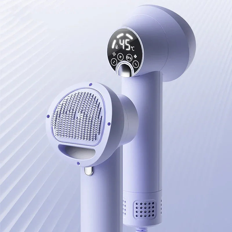 Purple pet hair dryer with round blowing comb nozzle and control panel