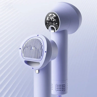 Purple pet hair dryer with round blowing comb nozzle and control panel