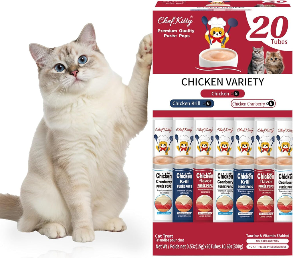 Chicken variety cat puree treat tubes, 20-pack carton with cat illustration