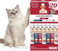 Chicken variety cat puree treat tubes, 20-pack carton with cat illustration