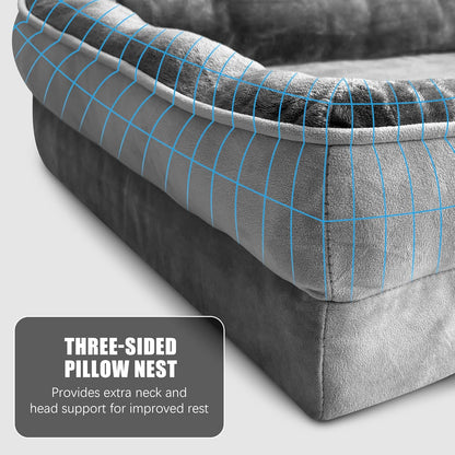 Gray dog bed corner close-up with three-sided pillow nest and blue stitching