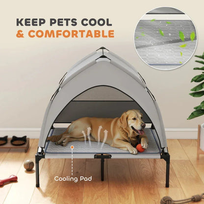 Light gray elevated dog bed with cooling pad inside removable canopy