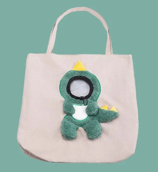 Cute green dinosaur plush tote bag with yellow spikes, perfect for pet lovers and pet supplies shopping.
