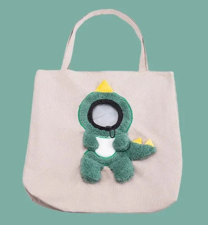 Cute green dinosaur plush tote bag with yellow spikes, perfect for pet lovers and pet supplies shopping.