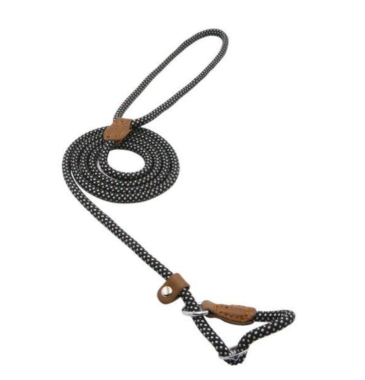 Black and white braided nylon dog leash set with leather handle and loop clasp