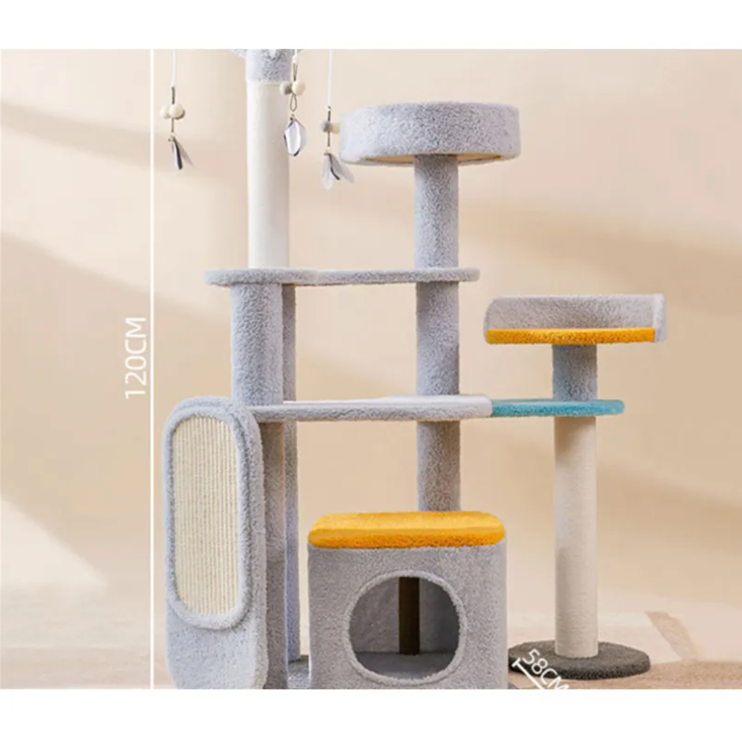 Cat scratching and climbing platform with gray posts, beige sisal side pad, and blue perch