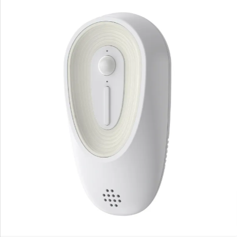 Wall-mounted pet odor eliminator device, white oval with control button and vent