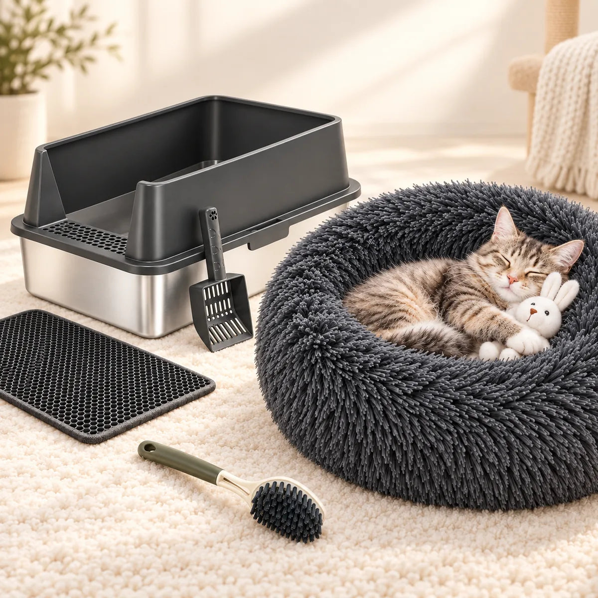 Stainless steel XXL cat litter box with gray mat, included scoop, and cozy cat bed