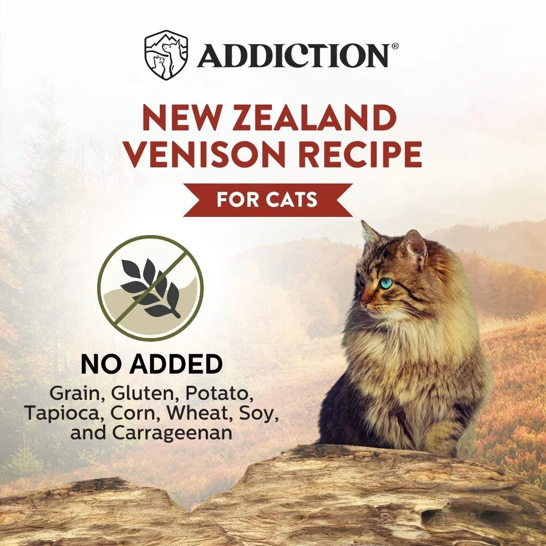 Cat food label showing no added grain ingredients badge for New Zealand venison recipe