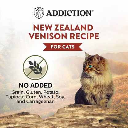 Cat food label showing no added grain ingredients badge for New Zealand venison recipe