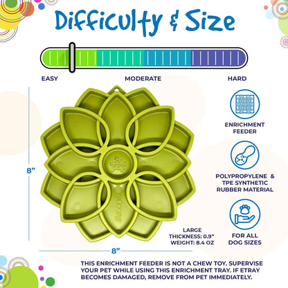 Green Mandala eTray slow feeder dog bowl shown on a size guide graphic