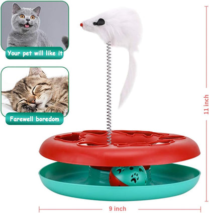 Red and teal spinning cat toy with a white mouse on a spring