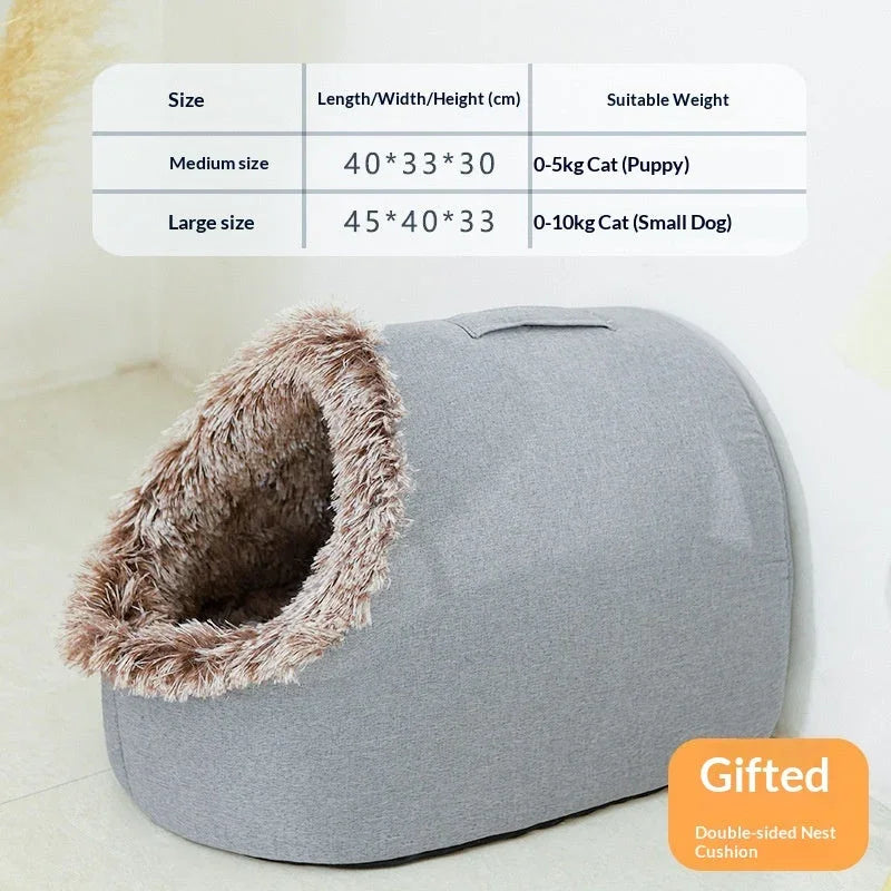 Pet Zen enclosed winter cat bed in grey with a fluffy brown lining and size chart.