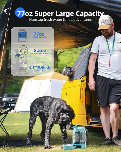 Teal dog travel water bottle with snap-on drinking bowl for outdoor use
