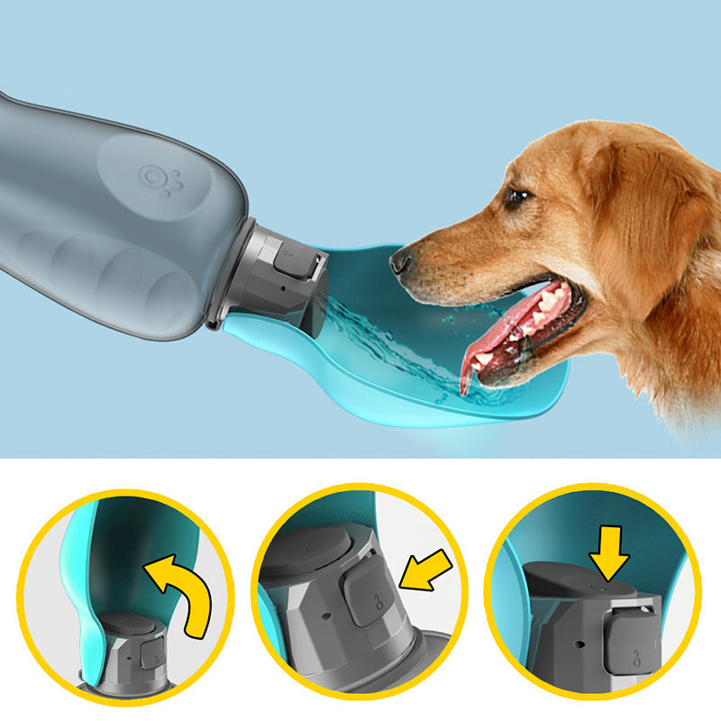 Portable dog water bottle with turquoise flip bowl; close-up of dog lapping water