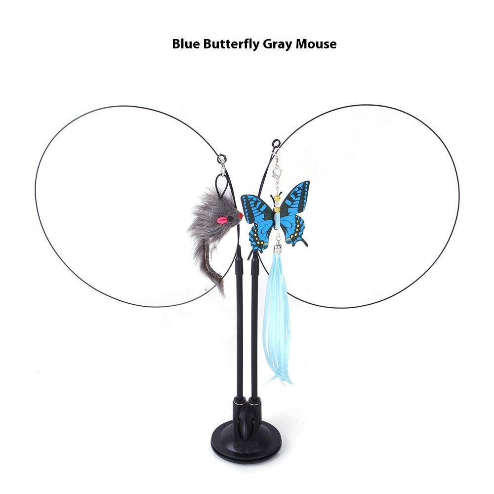 Cat suction teaser toy with blue butterfly, gray mouse plush, and double wand poles