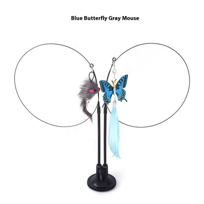 Cat suction teaser toy with blue butterfly, gray mouse plush, and double wand poles