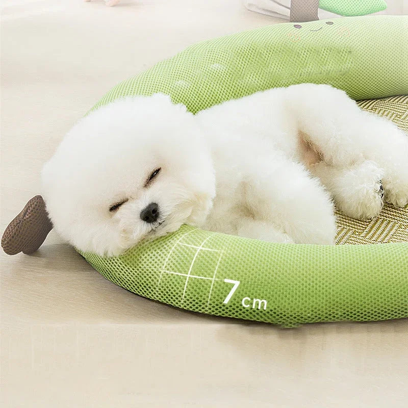 Fluffy white dog napping on green mesh pet bed with 7cm depth, ideal for cozy dog sleep and comfort.