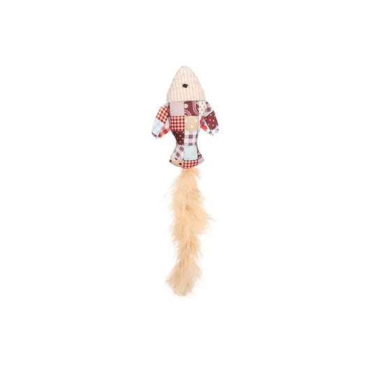 Fabric crinkle fish cat toy with feathers and patchwork pattern