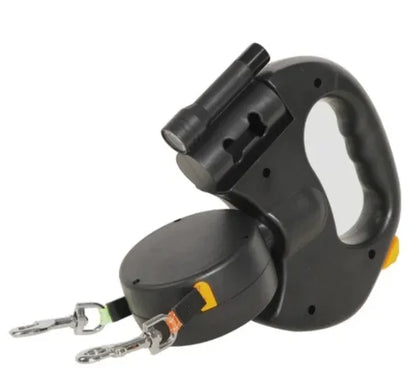 Black double retractable dog leash with dual reels and twin metal clips