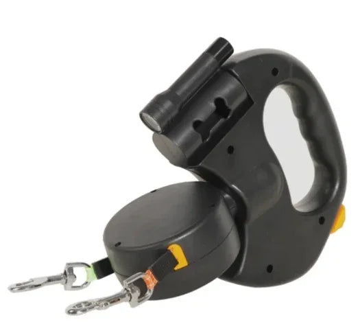 Black double retractable dog leash with dual reels and twin metal clips