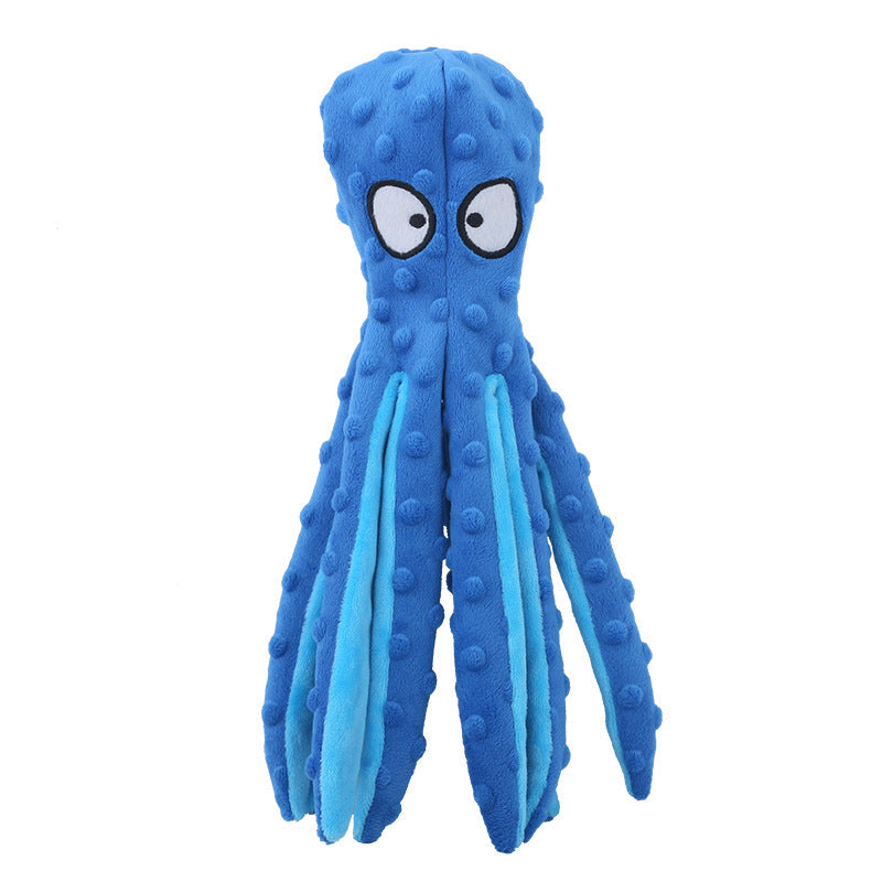 Octopus squeaky dog toy plush in blue with textured tentacles and cartoon eyes