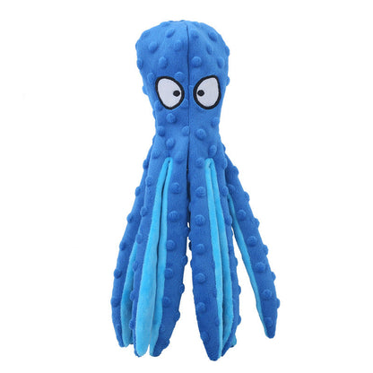 Octopus squeaky dog toy plush in blue with textured tentacles and cartoon eyes