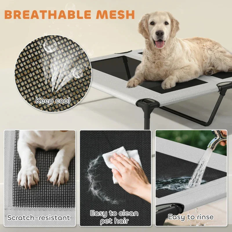 Light gray elevated dog bed with breathable mesh sides and removable canopy