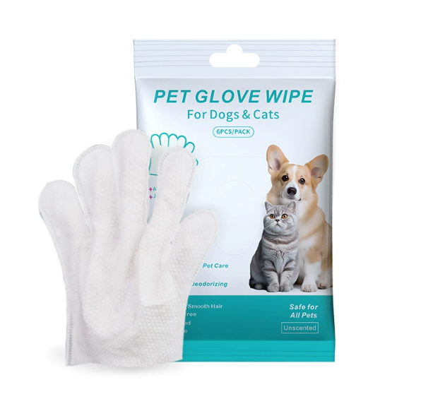 Pet glove wipe pack with white disposable wipe gloves for dogs and cats