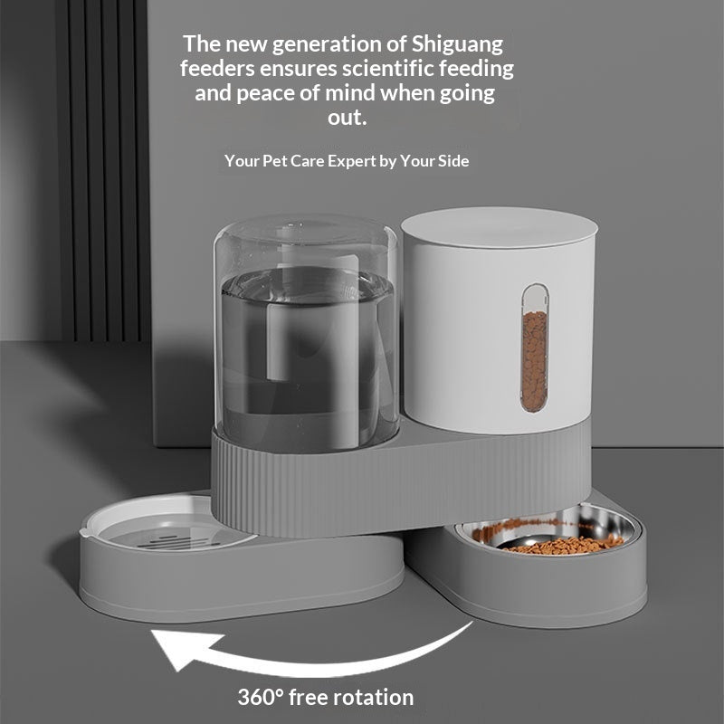 Automatic pet water and food dispenser set with rotating tray, clear water container and white bin