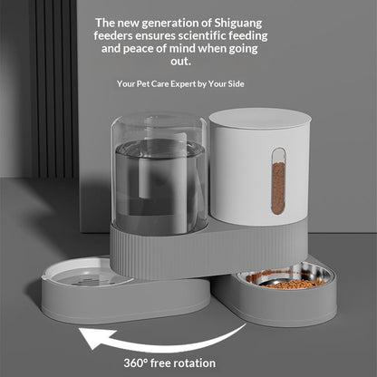Automatic pet water and food dispenser set with rotating tray, clear water container and white bin