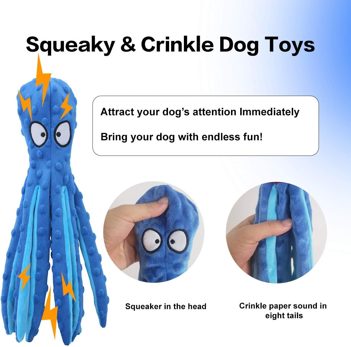 Blue octopus squeaky & crinkle plush dog toy with textured tentacles