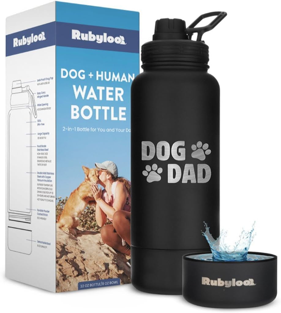 Insulated dog water bottle with black finish, “Dog Dad” paw print text, plus matching bowl