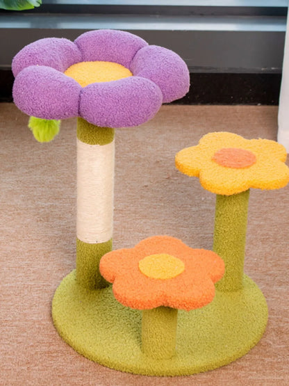 Purple flower scratching post with yellow and orange flower platforms on green base