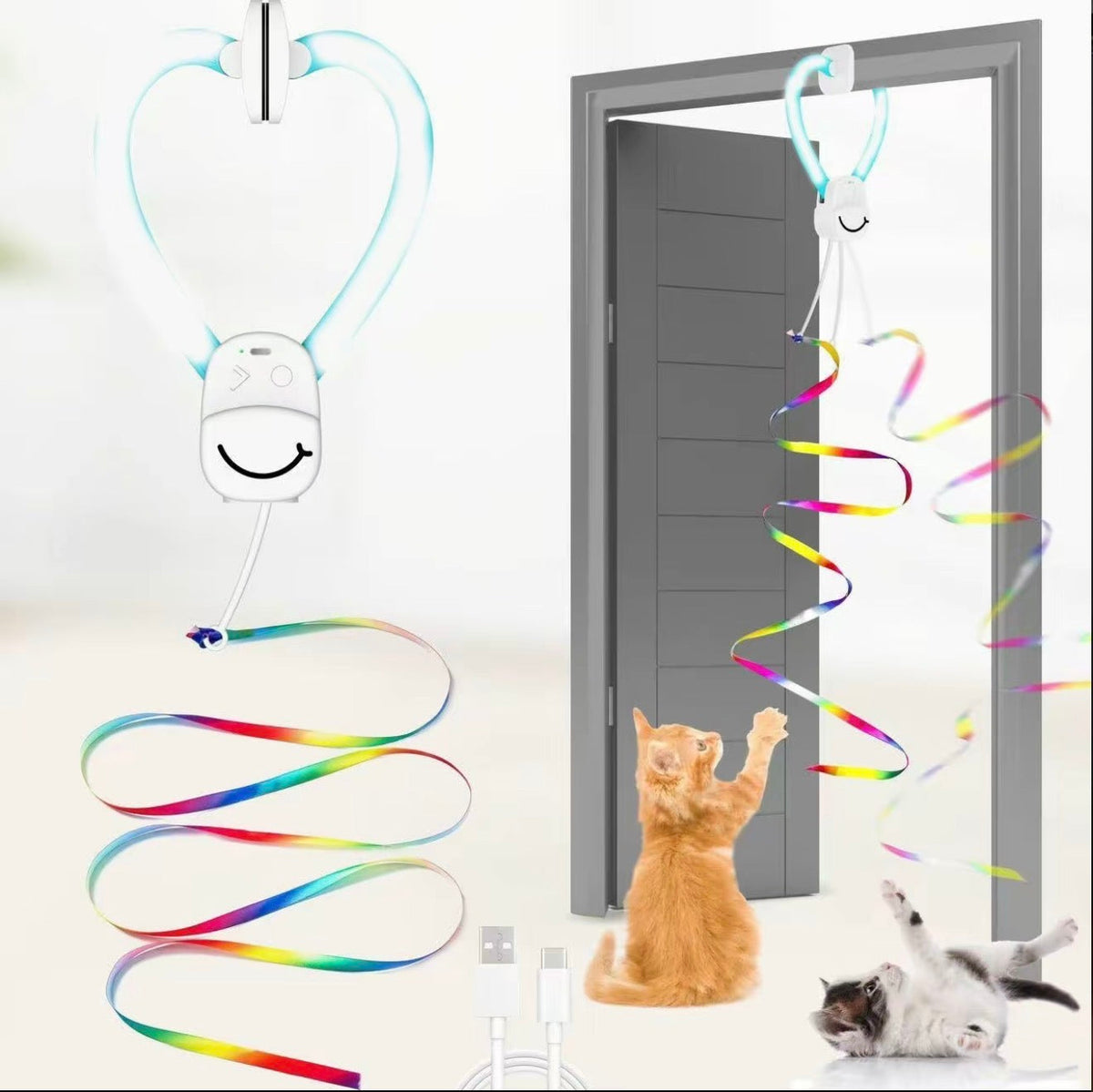 Heart-shaped cat door toy with multicolor ribbon rope and feather bird lure