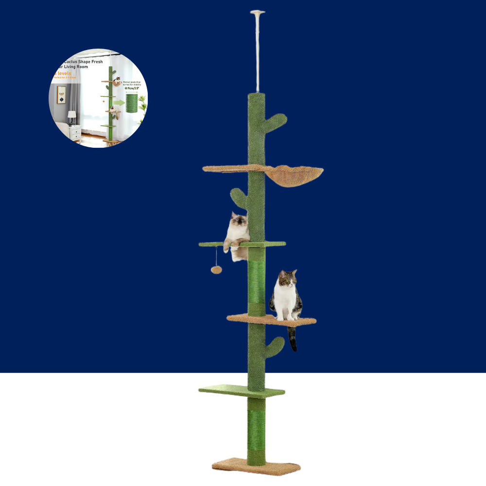 Cactus-shaped cat tree tower with multiple perches and hanging ball toys