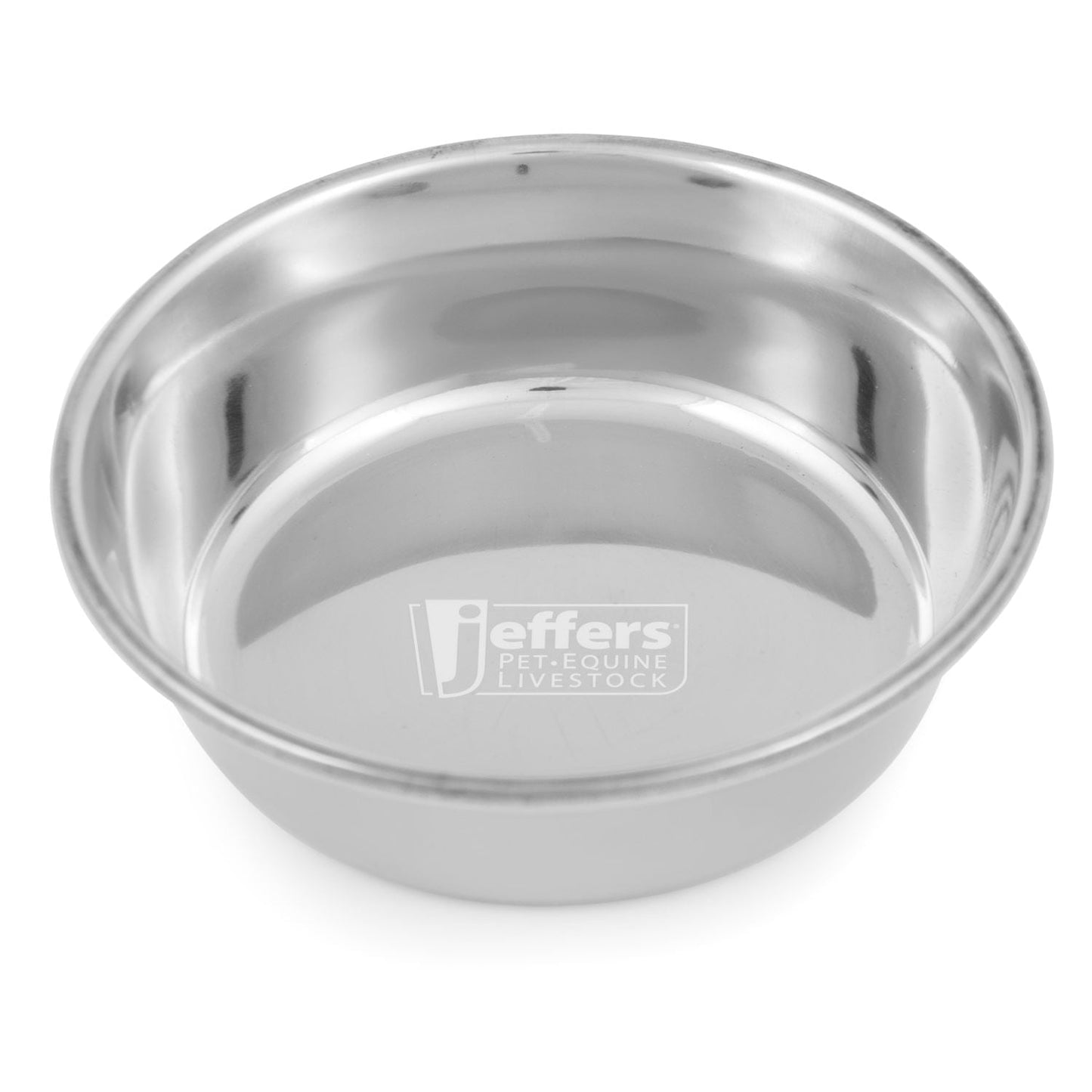 Stainless steel pet bowl close-up of interior base with center logo, top view.
