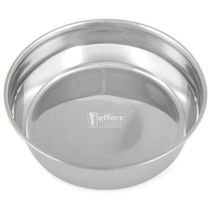 Stainless steel pet bowl close-up with inner base and center logo, top view.