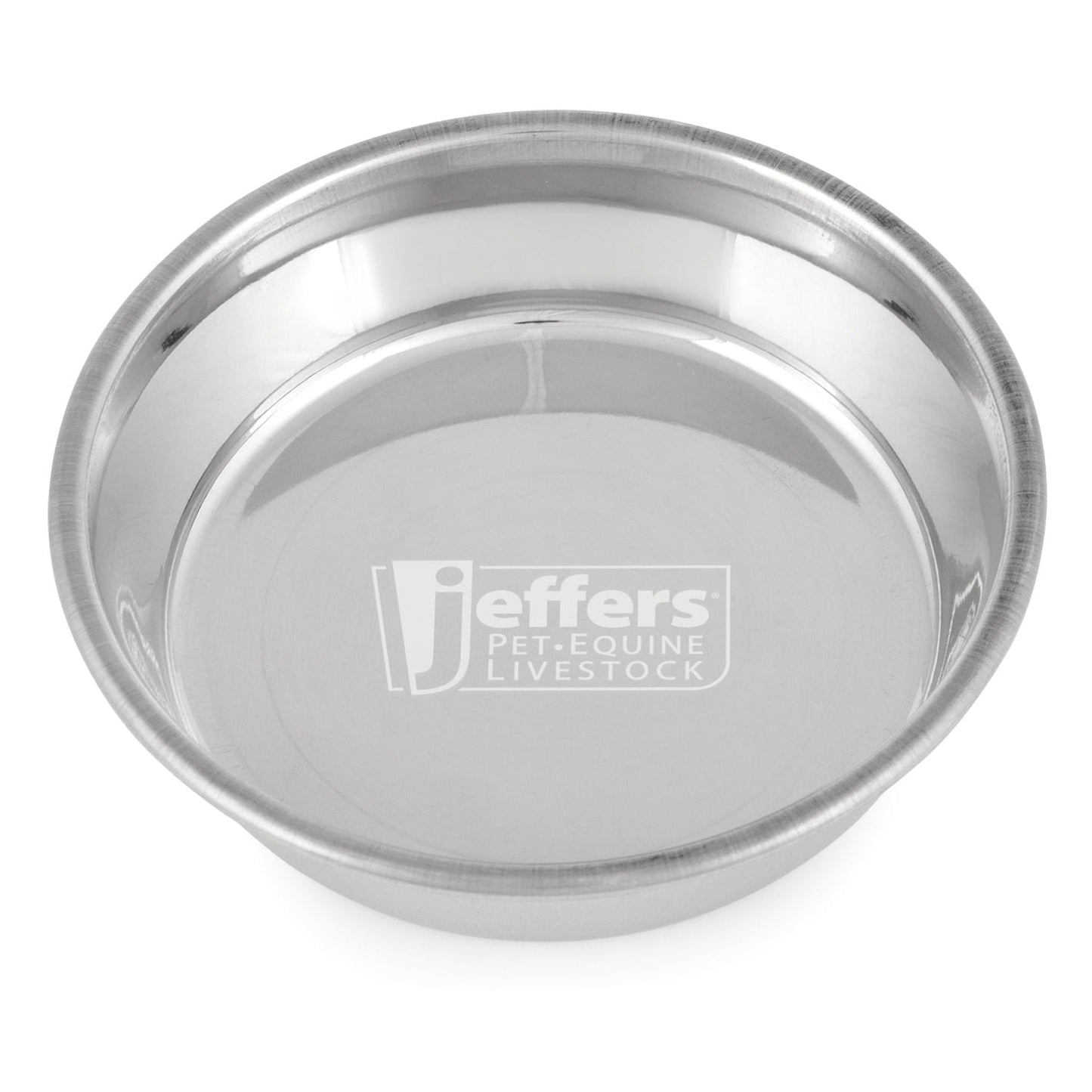 Stainless steel pet bowl close-up of interior with center logo, top view.