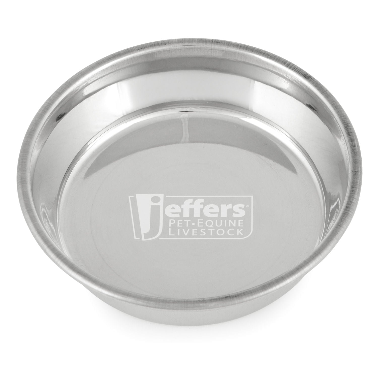 Stainless steel pet bowl close-up of interior with center logo, top view.