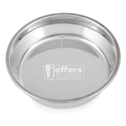 Stainless steel pet bowl close-up of interior with center logo, top view.