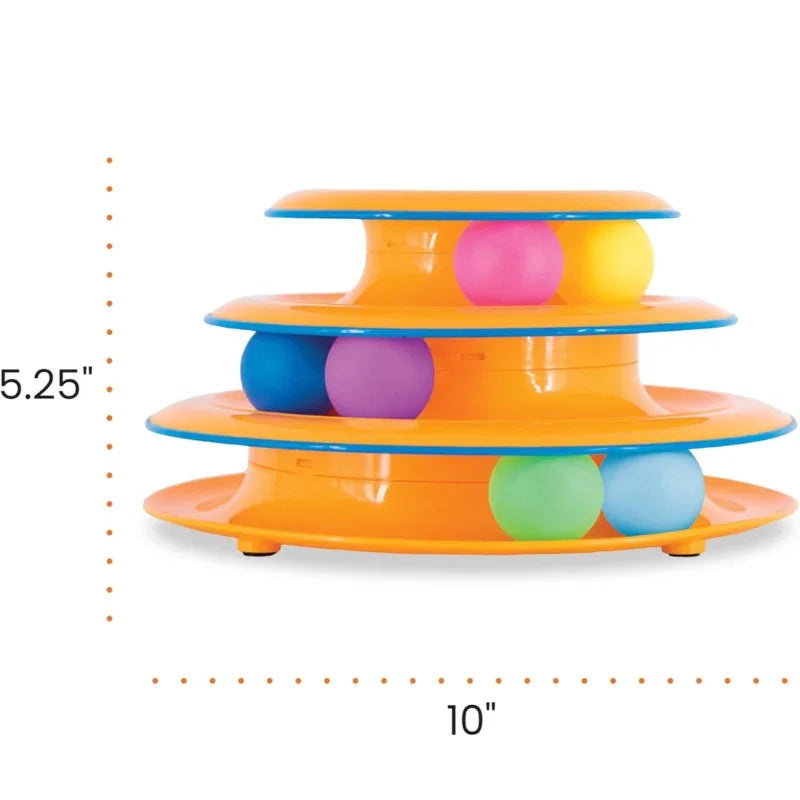 WTN Essentials 3-Tier Cat Track Toy with colorful balls, measuring 10" wide by 5.25" high.